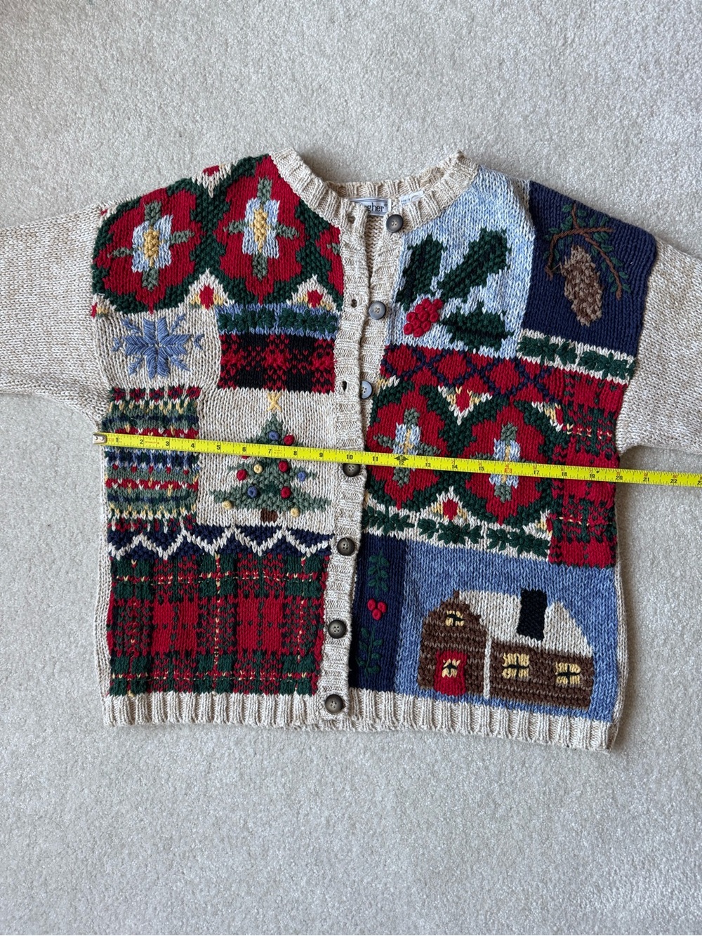 Vintage-Inspired Red & Cream Holiday Patchwork Button-Front Sweater - Picture 3 of 5